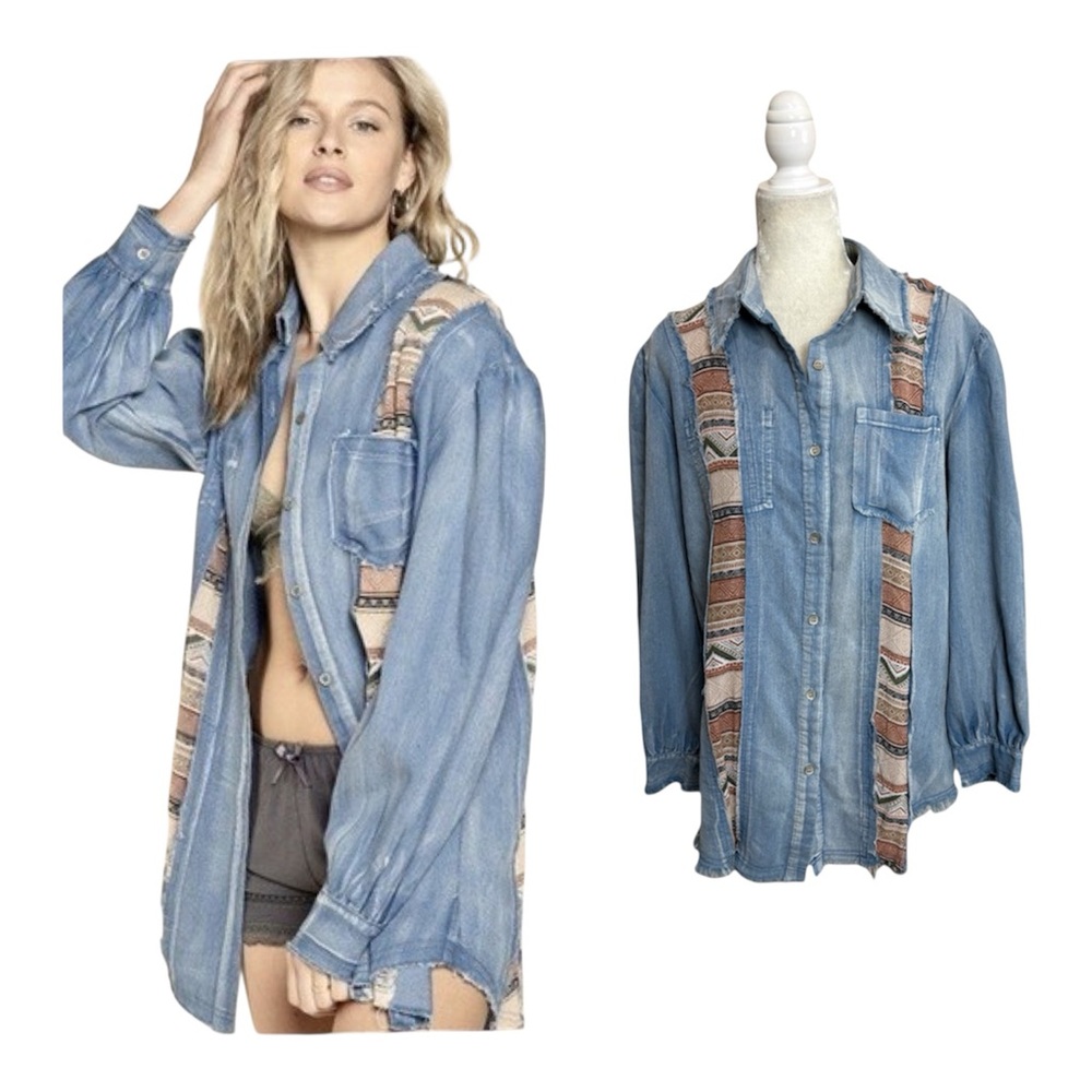 Pol Western Aztec Patchwork Button Front Shirt De… - image 1